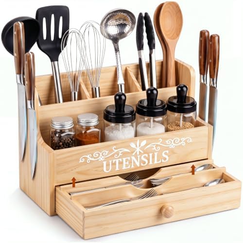 Wooden Kitchen Utensil Holder with Magnetic Knife Block, Natural