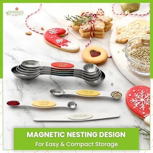 Spring Chef Stainless Steel Magnetic Measuring Spoons Set of 8, Very Merry