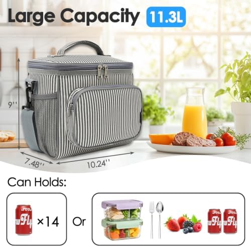 FlowFly Insulated Reusable Lunch Bag Adult Large Lunch Box for Women and Men with Adjustable Shoulder Strap,Front Zipper Pocket and Dual Large Mesh Side Pockets,Stripes