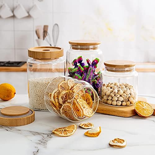 900ML/30Oz Clear Cute Glass Storage Canister Holder with Airtight Bamboo Lid, Modern Decorative Medium Container Jar for Coffee, Spice, Candy, Salt, Cookie, Condiment, Pepper, Sugar