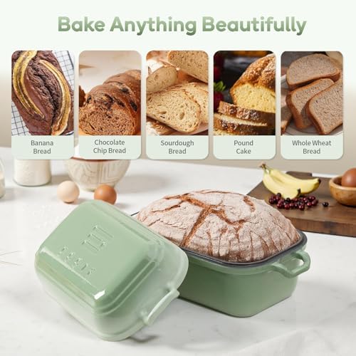 Enameled Cast Iron Dutch Oven Pot with Lid, Dutch Oven for Sourdough Bread Baking, 10×6 Bread Loaf Pans with Lid for Homemade Bread, Cake, Meatloaf, Oven & Induction Safe (Green, 3.84 QT)