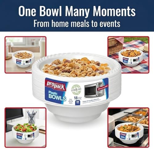 18 oz Plastic Bowls, 50 Count - Heavy-Duty Disposable Bowls for Soup, Salad, Cereal, Pasta, Parties & Catering (Pack of 2)