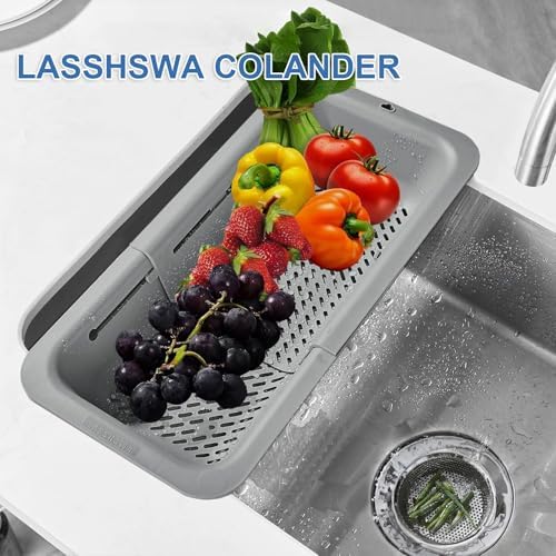 LASSHSWA Collapsible Colander for Kitchen, Over the Sink Strainer Basket for Kitchen, Fruit Pasta Food Strainer Expandable Plastic Colander BPA Free (Gray)