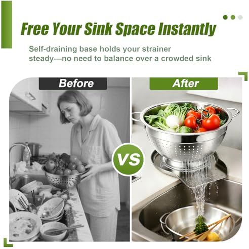 Palksky Stainless Steel Colander Set with Handles & Self-Draining Base, 3 Sizes (7”, 9”, 11”), Heavy Duty Pasta Strainer, Rice & Vegetable Strainer, Countertop Draining System