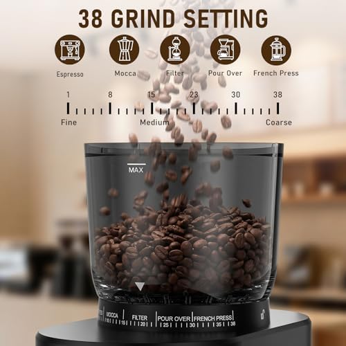 Coffee Grinder, Electric Coffee Bean Grinder with Anti-Static Design, 38 Settings Burr Grinder, 60S Timer, Espresso Grinder Compact & Quiet for Home Use, Easy Clean & Memory Function