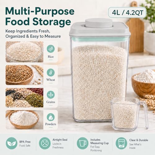POP Airtight Flour-Rice Food-Storage Container - 4L/4.2Qt Jar with Lid(2Pc) and 3.3Oz Scoop(2Pc) | BPA-Free | Perfect for Storing Grains, pasta, Snacks | Stackable and Durable