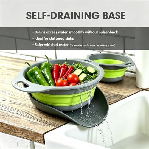 AUOON Collapsible Colander Set (3QT + 4QT) with Draining Base, Gray+Green