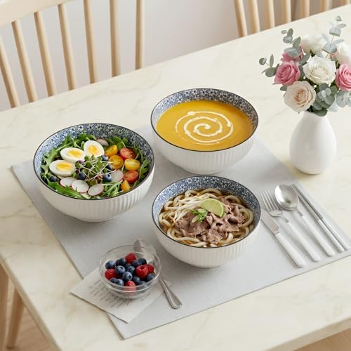 QINLANG Large Soup Bowls, Pho & Ramen Set of 3, 60 oz Blue & White Porcelain - Floral Pattern