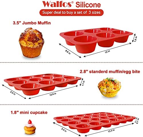 Walfos Silicone Muffin Pan - Cupcake Pans Set of 3, Including 24 Cups Mini Muffin Pans, 12 Cups Regular & 6 Cups Jumbo Muffin Pan, Release Easily - BPA Free & Dishwasher Safe