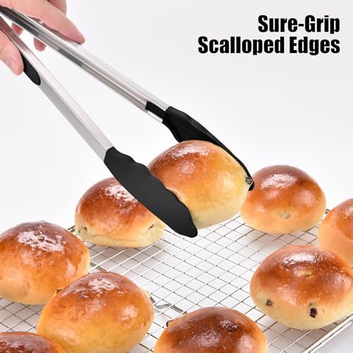 Doosu Kitchen Tongs with Silicone Tips for Cooking Serving (12in, Black)