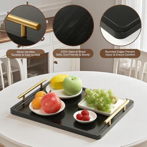 PEKER Wooden Serving Tray with Metal Handles, Black Decorative Coffee Table Tray for Breakfast in Bed, Ottoman & Home Décor, Wooden Food Tray for Kitchen, Living Room & Dining Table