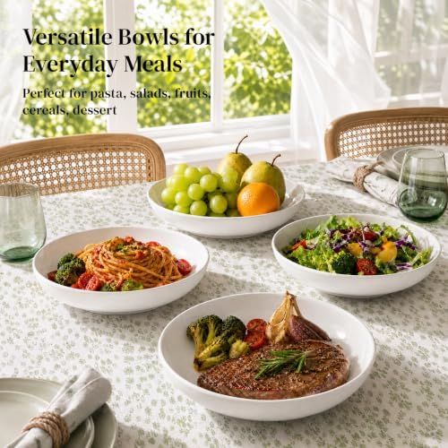 Y YHY Pasta Bowls Set of 6, High-Fired Porcelain White Salad Bowls 30 oz Wide Shallow Serving Soup Bowls, Microwave Dishwasher Safe 8.5" Pasta Plates Kitchen Bowls for Dinner Family Gatherings
