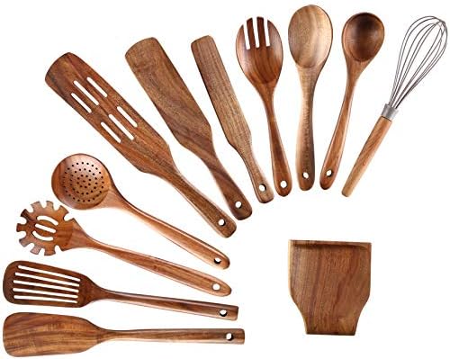 Kitchen Utensils Set, NAYAHOSE 12 Pcs Teak Wooden Cooking Spoons Spatula Spurtles Kit with Spoon Rest Whisk, Non-stick Natural Kitchen Tools