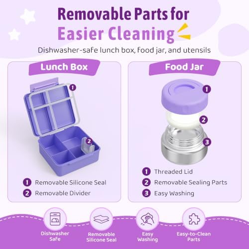 Bento Box for Kids with Thermo Food Container (9oz), 4-Compartment Lunch Box, Adjustable Divider, Leakproof Bento Lunch Box, Includes Utensils & Carry Bag for School, Office(Purple)