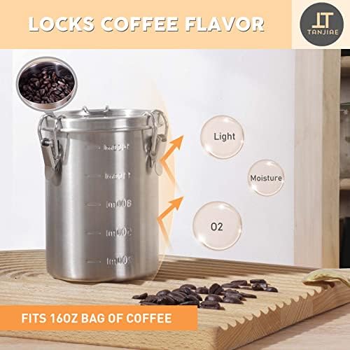 Tanjiae Stainless Steel Coffee Canister | 100% Airtight Metal Food Storage Container with Lid Sealed - Keep Coffee Beans, Sugar, Tea Fresh for Months (56 fl oz)