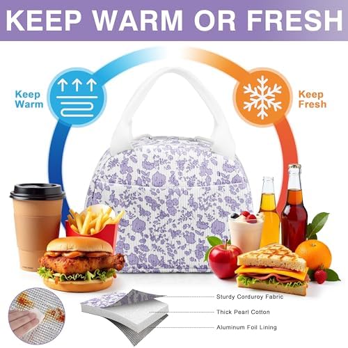 TESAFNG Lunch Bag - Insulated Lunch Box for Women, Reusable Large Capacity Cooler Bag for Adult, Small Leakproof Cute Corduroy Lunch Tote for Work Office Travel Picnic (Corduroy Purple-Flower)