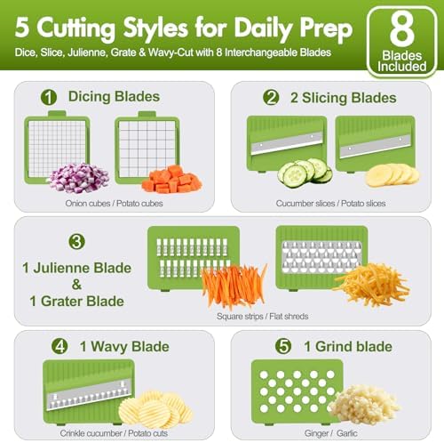 Ourokhome Vegetable Chopper with Container, 8-Blade Onion Chopper & Mandolin Slicer, 2-Lid Food Dicer with Safety Lock, Veggie Shredder Grater for Kitchen Meal Prep, Kitchen Gadgets (8 in 1, Gray)