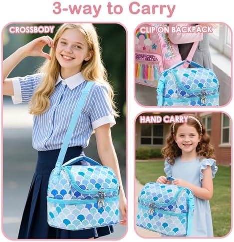 FlowFly Double Decker Cooler Insulated Lunch Bag Large Tote for Boys, Girls, Men, Women, With Adjustable Strap (Mermaid)