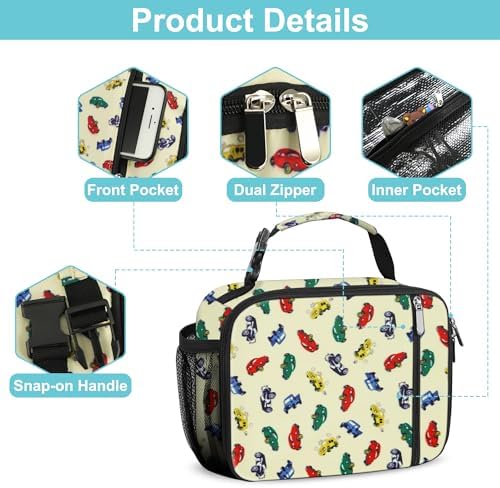 esouler Lunch Box Kids Insulated Lunch Bag for Boys & Girls Durable Children Lunchbox for School with Water Bottle Holder-Car