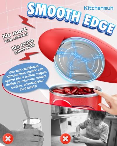 KITCHENMUH One Touch Electric Can Opener Fits All Can Sizes for Seniors with Arthritis, Battery Operated Can Opener with Smooth Edge, Food Safe Automatic Can Opener for Kitchen (Red+Grey)