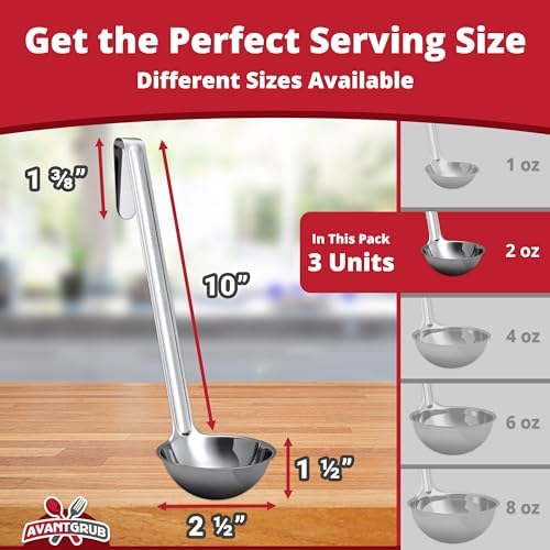 Super Sturdy, Ergonomic 2 Oz. Soup Ladle 3 Pk. Stainless Steel Ladles with Long Handles. Best Kitchen Accessories for Stirring, Portioning and Serving Soups, Chili and Stew in Restaurants and at Home