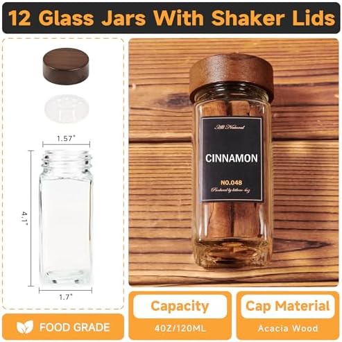 Wooden Lid Magnetic Spice Rack with 12 Jars, 216 Labels, 1 Steel Funnel for Refrigerator，Microwave Oven - Full Set of Spice Organizer