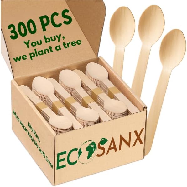 ECOSANX® 300 PCs Wooden spoons for eating, 6.5" Splinter Free small disposable spoons, Eco-Friendly, 100% All-Natural Compostable spoons for Outdoor, Bamboo spoon Disposable for Camping Events & More
