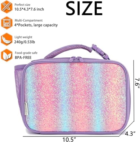 GYEUKHAM Insulated Lunch Box for School, Thermal Reusable Durable Freezable Lunch Bags for Kids Boys Girls Men Women - Small Soft Cooler Portable Lunch Tote Kit for Work Picnic Travel,Purple Glitter