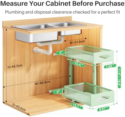 Under Sink Organizer, 2 Tier Pull out Cabinet Organizer Baskets with Mesh Sliding Drawers, Slide out Storage Shelf for Home, Kitchen, Bathroom, Pantry, Office Cabinet(1 Pack, Green)