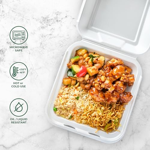 Freshware Clamshell Food Containers with Lids [8x8 200-Pack] Disposable To Go Containers, Biodegradable Sugarcane To Go Boxes - Paper Container - Microwave & Freezer Safe, Stackable