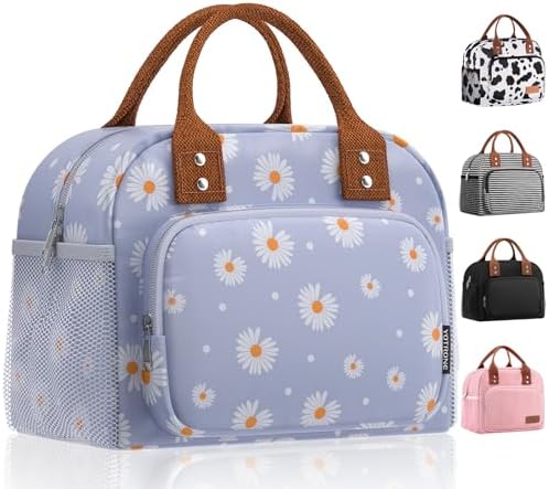 Lunch Bag for Women, Insulated Lunch Box for Women Men Work Adult, Cute Lunch Tote Large Capacity Reusable Cooler Containers for Picnic Travel Office or Beach (Blue Daisy)