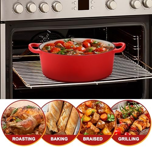 E-far 5QT Oval Dutch Oven Pot with Lid, Red Enameled Cast Iron Dutch Oven