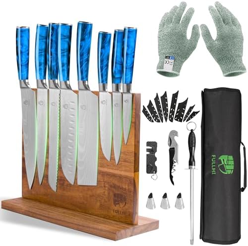 FULLHI 15pcs Japanese Knife Set with Magnetic Knife Block Holder, Japan Stainless Steel Blades, Blue Resin Ergonomic Handles for Professional and Home Cooking