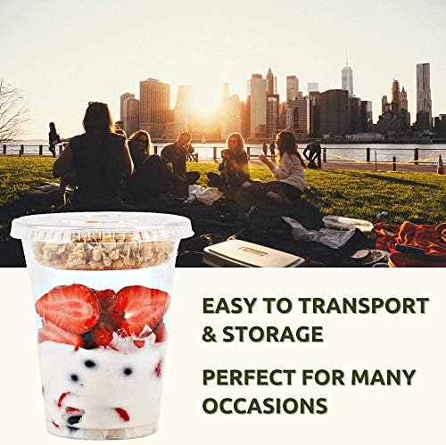 Aatriet 12 oz Clear Plastic Parfait Cups with Insert & Flat Lids No Hole - (50 Sets) Yogurt Fruit Parfait Cups for Kids, for Dips and Veggies, Take Away Breakfast and Snacks. No Leaking