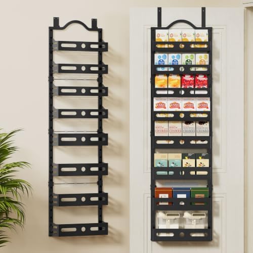 8-Tier Pantry Door Organizer, 2 IN 1 Wall Mount or Over The Door Pantry Organizer, Door Spice Rack with Adjustable Baskets, Over Door Organizer for Kitchen (12.4"W x 5.5"D x 66.1"H,1 Pack, Black)