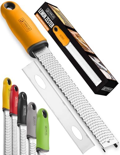 Orblue Lemon Zester & Cheese Grater - Premium Citrus Zester, Kitchen Grater for Parmesan, Chocolate, Fruits, Vegetables, Ginger, Garlic, Nutmeg - Stainless Steel Blades with Protective Cover, Orange