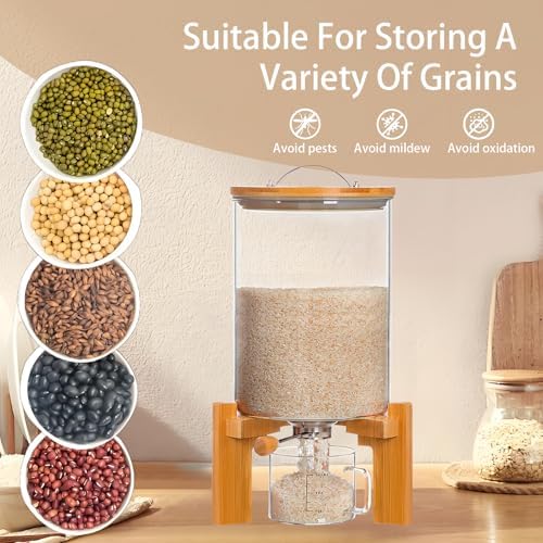 Rice Dispenser, Rice Storage Container, Flour and Cereal Container for Kitchen Organization and Pantry Store, Glass Cereal dispenser with Airtight Lid and Wooden Stand 5L