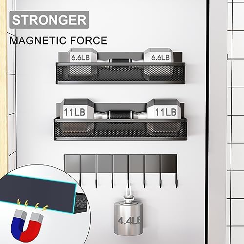 Aufworld Magnetic Spice Rack for Refrigerator, 5 Pack Magnetic Shelf, Moveable Magnetic Fridge Organizer with an 8-Hook Rack, Seasoning Organizer for Kitchen Organization (Extra with 8 Hooks)