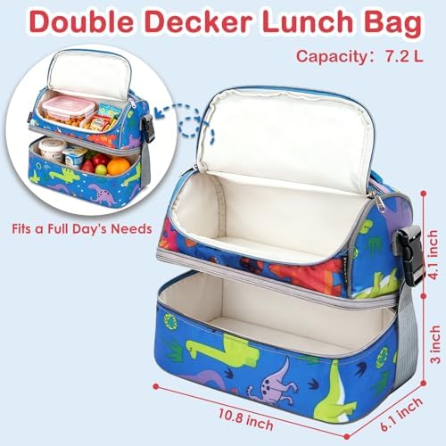 FlowFly Kids Double Decker Cooler Insulated Lunch Bag Large Tote for Boys, Girls, Men, Women, With Adjustable Strap, Dinosaur
