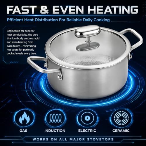 Titanium Soup Pot, Pure Titanium Hammered Stock Pot, Soup Pot for Pasta, Heavy Duty Induction Cooking Pot, Even Heating, Nonstick Thick Bottom Big Stockpot, Dishwasher Safe,8 Quarts