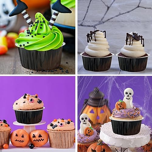 100Pcs Aluminum Cups with Lids,5oz Disposable Ramekin Baking Cups Muffin Liners Mini Pie Pans Foil Cupcake Containers for Christmas Party Wedding Party,Black