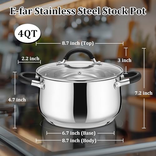 E-far 4 Quart Pot with Lid, Stainless Steel Small Stock Pot for Soup Pasta