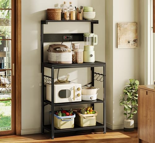 SUPERJARE Kitchen Bakers Rack with Power Outlet, Coffee Bar Table 4 Tiers, Kitchen Microwave Stand with 6 S-shaped Hooks, Storage Shelf Rack for Spices, Pots and Pans - Black
