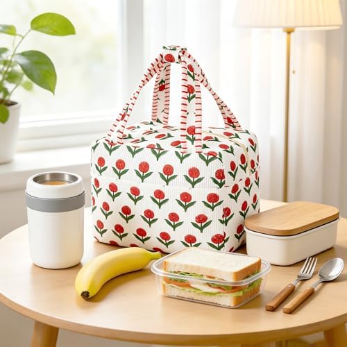 Lunch Box for Women, White Cute Floral Insulated Reusable Lunch Bag