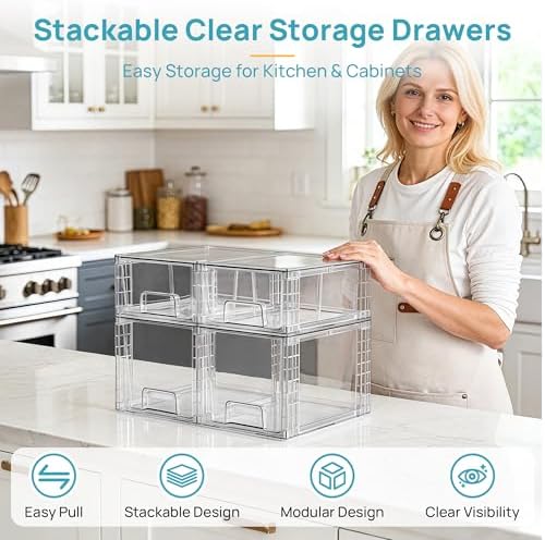 Vtopmart Clear Stackable Storage Drawers, 4 Pack Kitchen Cabinet Set