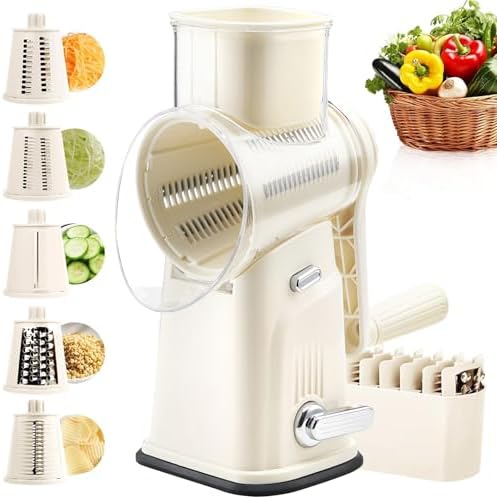 Rotary Cheese Grater with Handle, 5 Replaceable Blades (Beige)