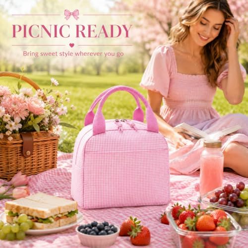 Bluboon Lunch Box for Women Cute Lunch Bag Reusable Insulated Lunch Bags Large Capacity Lunchbox Cooler for Work Picnic or Travel Gifts (Pink White checker, 10 x 7.5 x 8 inches)
