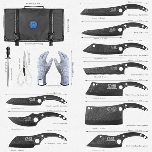 XYJ 10-Piece Knives Set with Bag,Kitchen Tool,Full Tang, Pakka Wood Handle