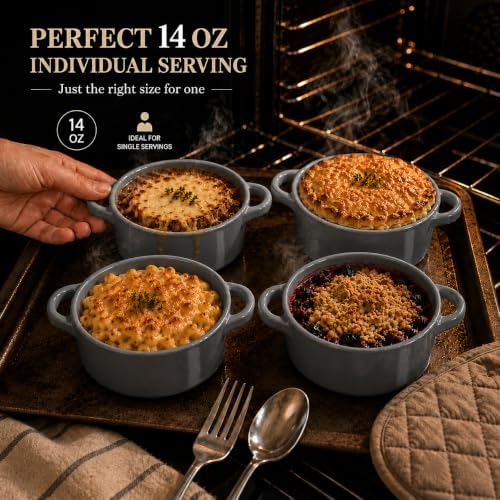 Mini Dutch Oven Set of 4, 14 oz Ceramic Mini Dutch Ovens with Lids and Handles, Ramekins with Lids for French Onion Soup, Pot Pies, Soufflés and Baked Desserts, Oven Microwave Dishwasher Safe, Mini Cocotte, Grey