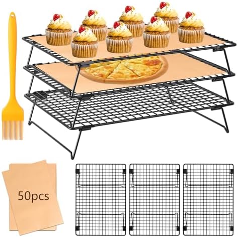 3-Tier Baking Cooling Rack with Legs, 13"x 9" w/50 Parchment Paper